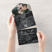 Donker Gotisch Zwart Roos Bloemen QR Code Foto All In One Uitnodiging (Afscheurbaar)