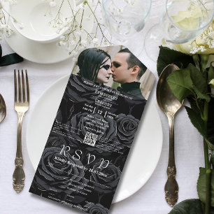 Donker Gotisch Zwart Roos Bloemen QR Code Foto All In One Uitnodiging