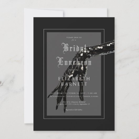 Donker Gotisch Zwart Sequin Hand Bruids Luncheon Kaart (Voorkant)