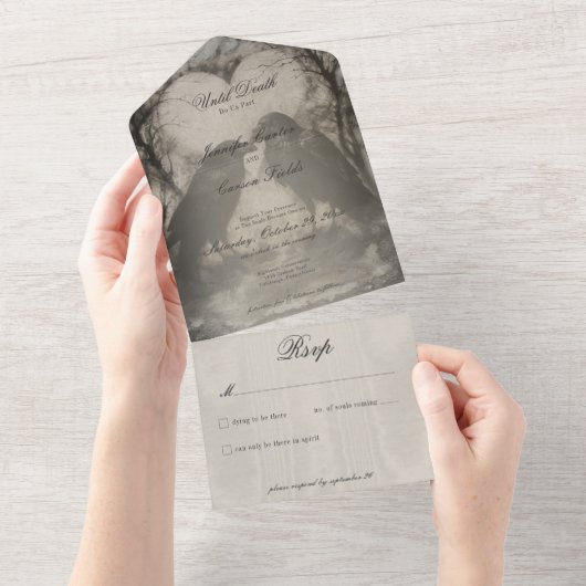 Donker Gotisch Zwart & Tan Raven Bruiloft Geen Din All In One Uitnodiging (Afscheurbaar)