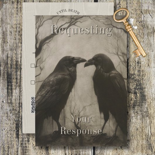 Donker Gotisch Zwart & Tan Raven Paar Bruiloft RSVP Kaartje