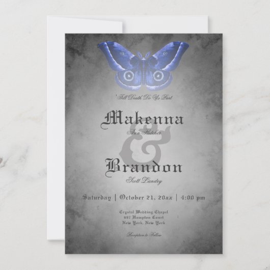 Donker Gotisch Zwart Waterverf Blauwe Moth Bruilof Kaart (Voorkant)
