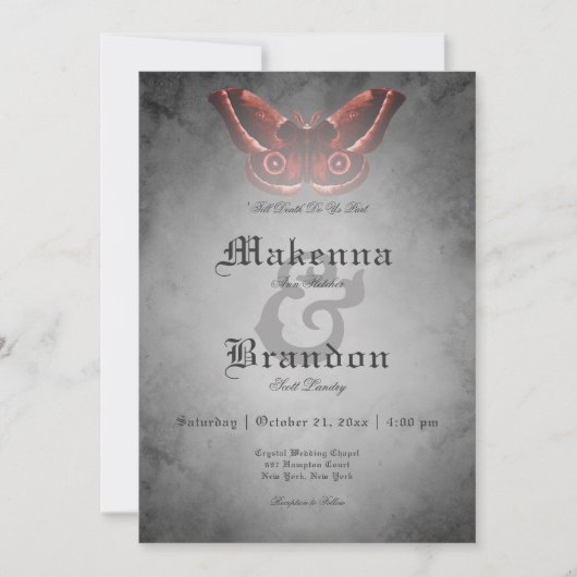 Donker Gotisch Zwart Waterverf Rode Moth Bruiloft Kaart (Voorkant)