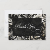 Donker Gotisch  Zwart & Wit Bloemen Damast Bedankkaart (Voorkant)