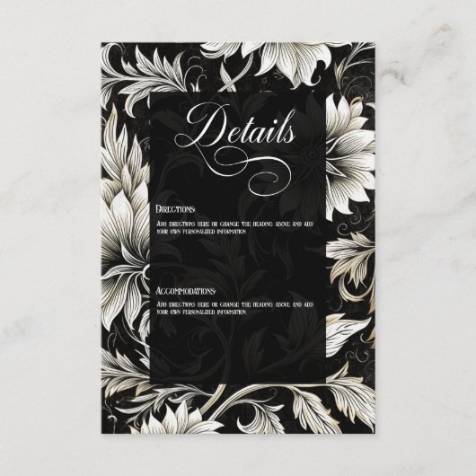 Donker Gotisch  Zwart & Wit Bloemen Damast Informatiekaartje (Voorkant)