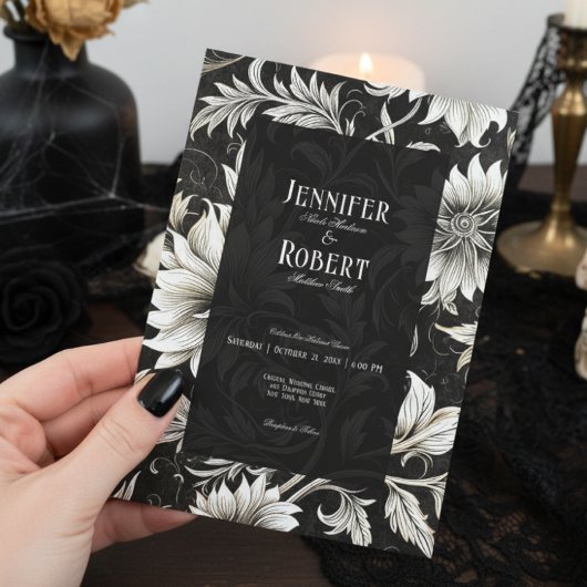 Donker Gotisch  Zwart & Wit Bloemen Damast Kaart