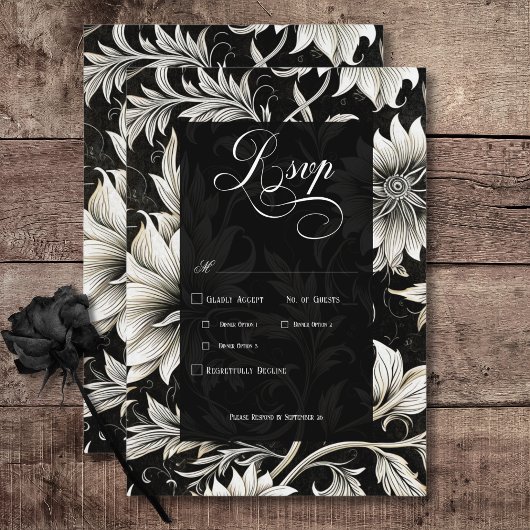 Donker Gotisch Zwart & Wit Bloemen Damast RSVP Kaartje
