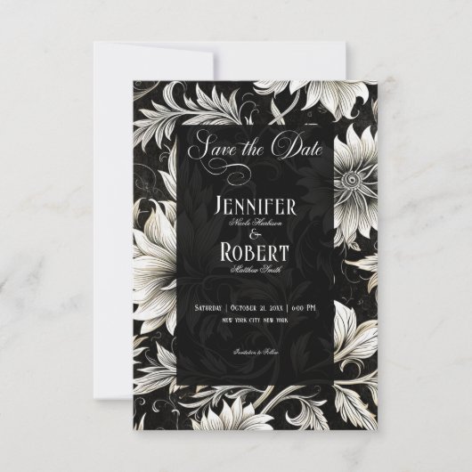 Donker Gotisch Zwart & Wit Bloemen Damast Save The Date (Voorkant)
