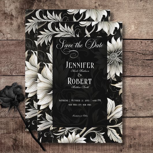Donker Gotisch  Zwart & Wit Bloemen Damast Save The Date