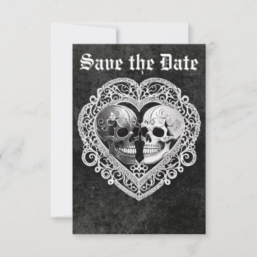 Donker Gotisch Zwart & Wit Schedel Paar Hart Save The Date (Voorkant)