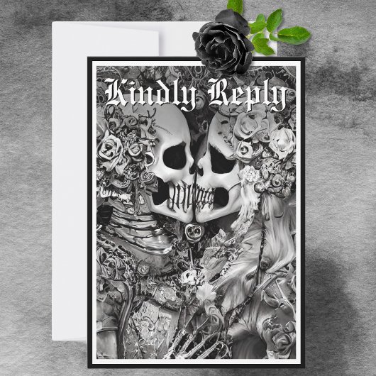 Donker Gotisch Zwart & Wit Skelet Paar QR Code RSVP Kaartje