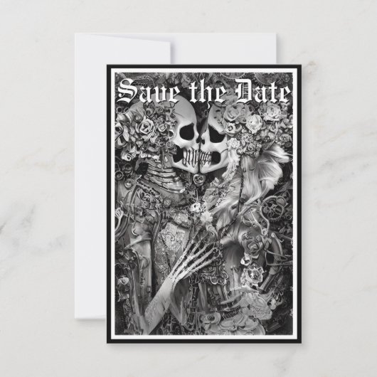 Donker Gotisch Zwart & Wit Skelet Paar Save The Date (Voorkant)