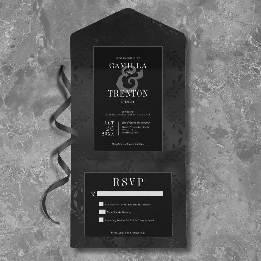 Donker Gotisch Zwart & Zwart Bloemen Satijn Geen D All In One Uitnodiging