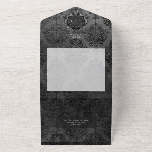 Donker Gotisch Zwart & Zwart Damask Dinner All In One Uitnodiging (Buitenkant)