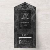 Donker Gotisch Zwart & Zwart Damask Dinner All In One Uitnodiging (Binnen)