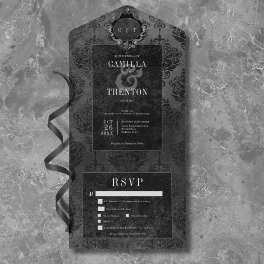 Donker Gotisch Zwart & Zwart Damask Dinner All In One Uitnodiging