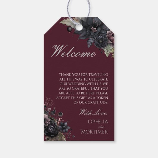 Donker Gotische Bloemen Bestemming Bruiloft Welkom Cadeaulabel (Voorkant)