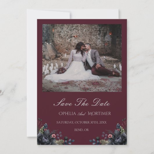 Donker Gotische Bloemen Bourgondië bruiloft foto Save The Date (Voorkant)