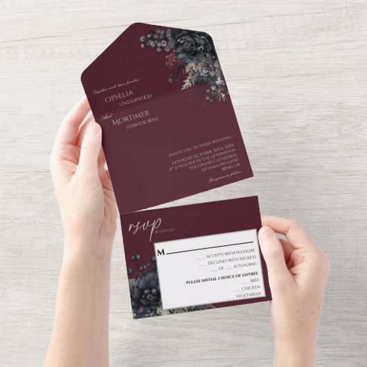 Donker Gotische Bloemen Bourgondische bruiloft All In One Uitnodiging (Afscheurbaar)