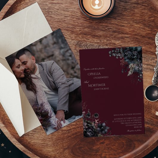 Donker Gotische Bloemen Foto Bruiloft Uitnodiging