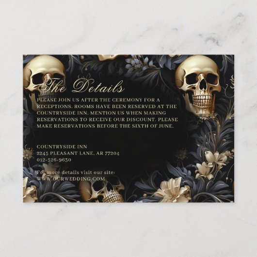 Donker Gotische Gouden Schedels & Bloemen Bruiloft Informatiekaartje (Voorkant)