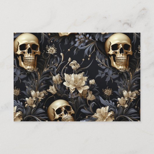 Donker Gotische Gouden Schedels & Bloemen Bruiloft Informatiekaartje (Achterkant)