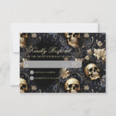Donker Gotische Gouden Schedels & Bloemen Bruiloft RSVP Kaartje (Voorkant)