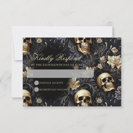 Donker Gotische Gouden Schedels & Bloemen Bruiloft RSVP Kaartje (Voorkant)