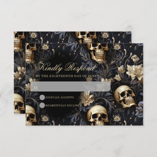 Donker Gotische Gouden Schedels & Bloemen Bruiloft RSVP Kaartje (Voorkant / Achterkant)
