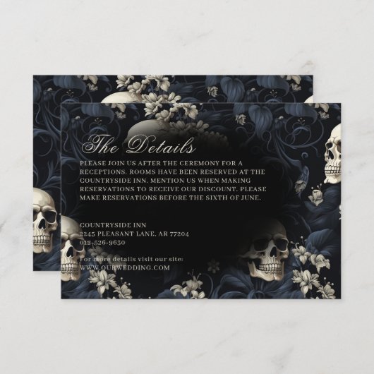 Donker Gotische Moody Skulls & Bloemen Bruiloft Informatiekaartje (Voorkant / Achterkant)