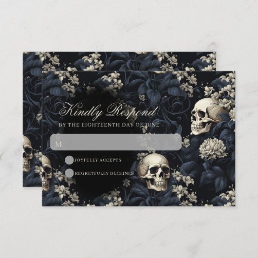 Donker Gotische Moody Skulls & Bloemen Bruiloft RSVP Kaartje (Voorkant / Achterkant)