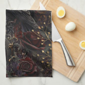 Donker Gotische Schoonheid Rode Rozen Zwarte Kraai Theedoek (Quarter Fold)
