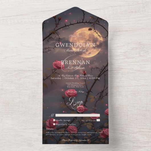 Donker Gotische Volle Maan & Bloed Rode Rozen Geen All In One Uitnodiging (Binnen)