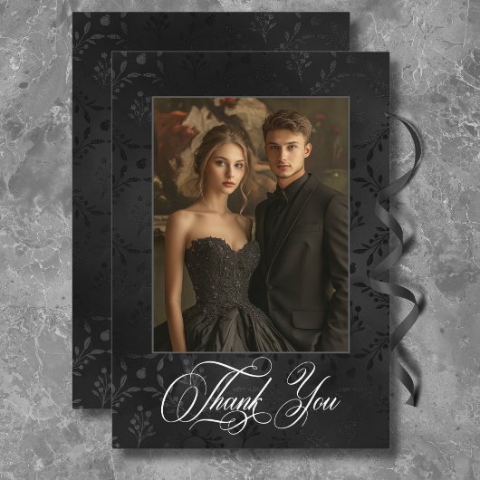 Donker Gotische Zwarte Bloemen Satijn Damask Blauw Bedankkaart