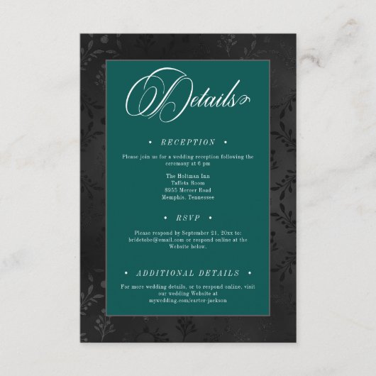 Donker Gotische Zwarte Bloemen Satijn Damask Blauw Informatiekaartje (Voorkant)