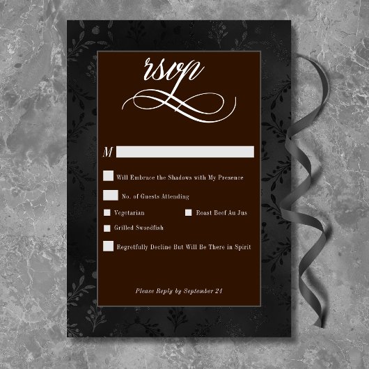 Donker Gotische Zwarte Bloemen Satijn Damask Brown RSVP Kaartje