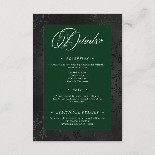 Donker Gotische Zwarte Bloemen Satijn Damask Groen Informatiekaartje (Voorkant)