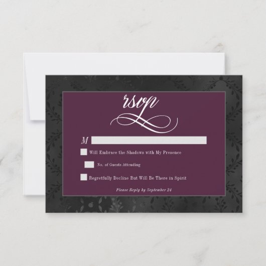 Donker Gotische Zwarte Bloemen Satijn Damask Wijnb RSVP Kaartje (Voorkant)