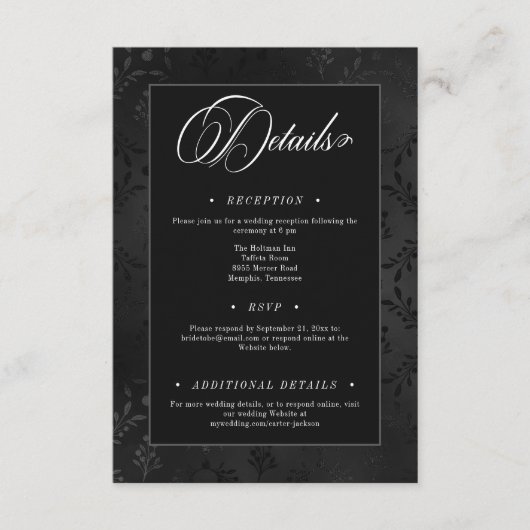 Donker Gotische Zwarte Bloemen Satijn Damast Huwel Informatiekaartje (Voorkant)