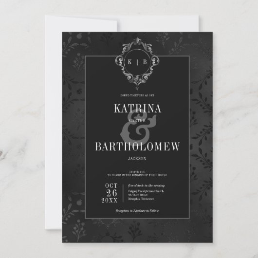 Donker Gotische Zwarte Bloemen Satijn Damast Huwel Kaart (Voorkant)