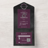 Donker Gotische Zwarte Wijn Bloemen Satijn QR Code All In One Uitnodiging (Binnen)