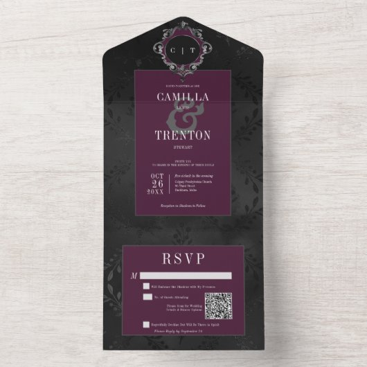 Donker Gotische Zwarte Wijn Bloemen Satijn QR Code All In One Uitnodiging (Binnen)