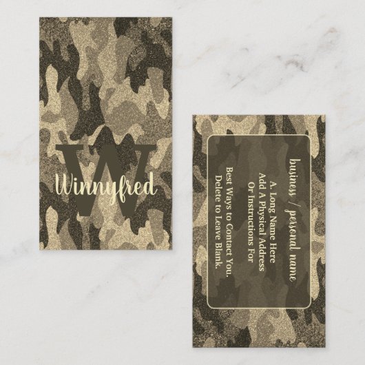 Donker Gouden Glitter Camouflage Monogram Buitensh Visitekaartje (Voorkant / Achterkant)