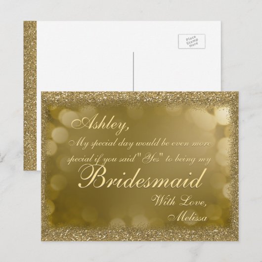 Donker gouden glitter - word jij mijn bruidsmeisje uitnodiging briefkaart (Voorkant / Achterkant)
