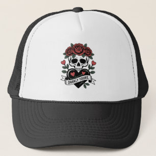 Donker Grafisch: Gotische Schedel met Rode Rozen Trucker Pet