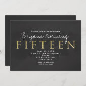 Donker Grijs & Goud 15TH 15 Verjaardagsfeestuitnod Kaart (Voorkant / Achterkant)