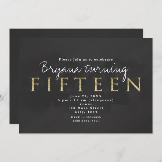 Donker Grijs & Goud 15TH 15 Verjaardagsfeestuitnod Kaart (Voorkant / Achterkant)