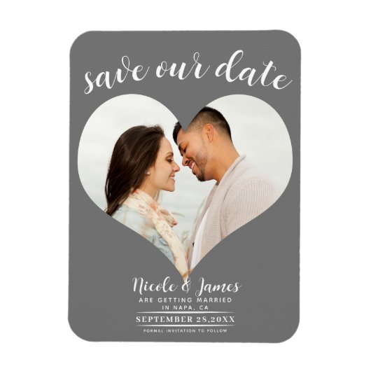 Donker Grijs Hart Foto Bruiloft Save the Date Magneet (Verticaal)