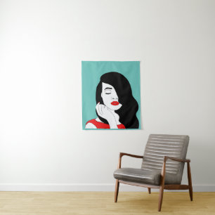 donker haar vrouw rode lippenstift make-up kunst wandkleed