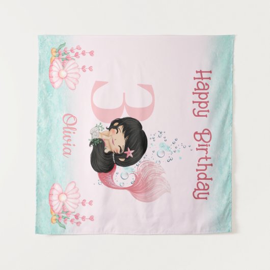 Donker Haar Zeemeermin Verjaardag Roze Banner Wandkleed (Voorkant (horizontaal))